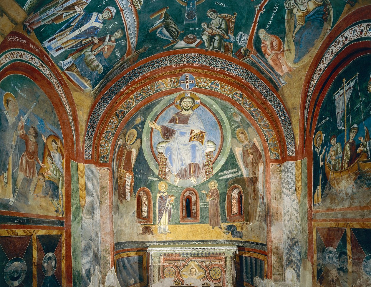 Kapelle des Heiligen Eldrad und des Heiligen Nikolaus mit romanischen Fresken im byzantinischen Stil, Spätes 11. Jahrhundert, Abtei von Novalesa, Piemont, Italien von Byzantine
