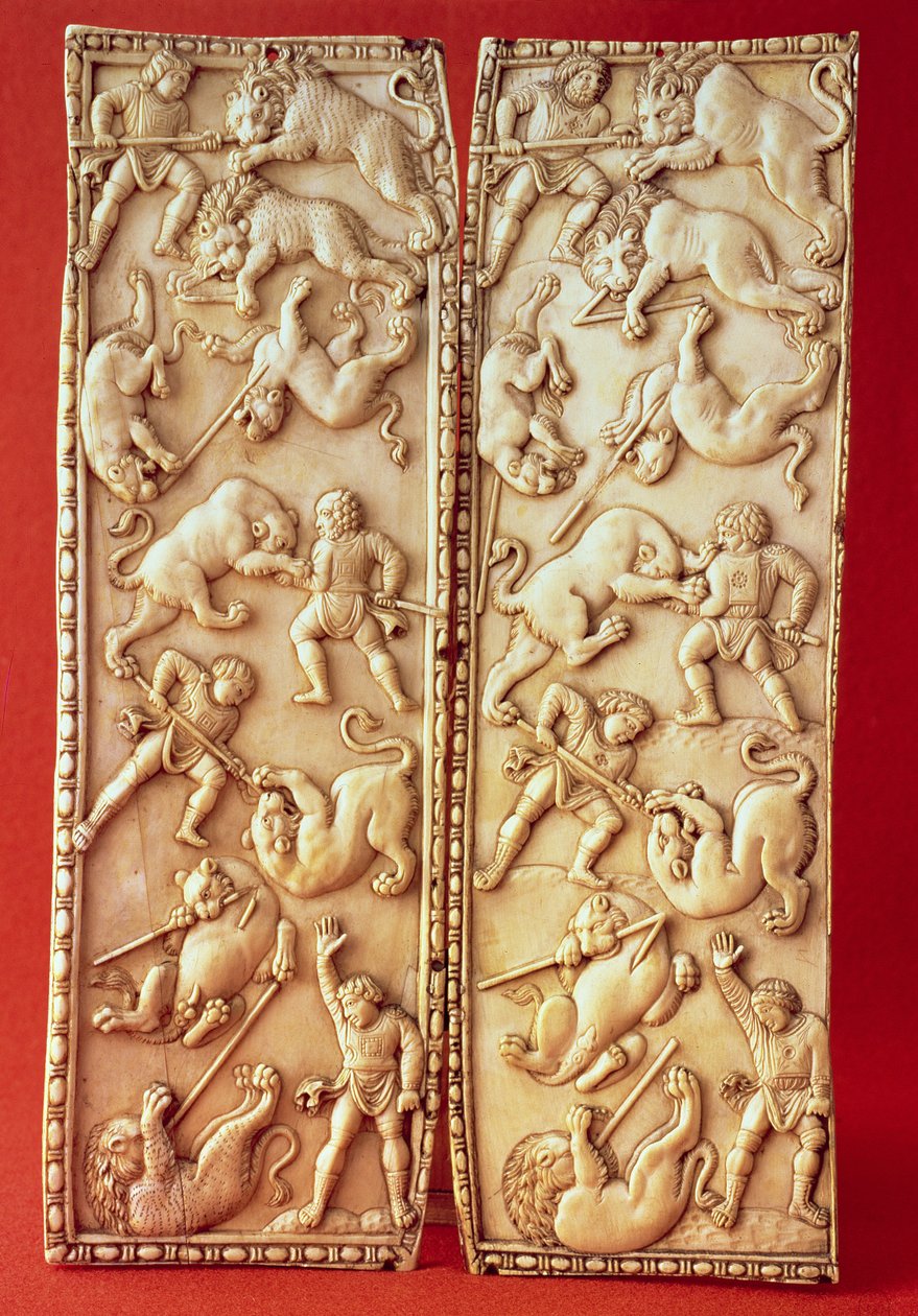 Diptychon mit einer Löwenjagdszene von Byzantine