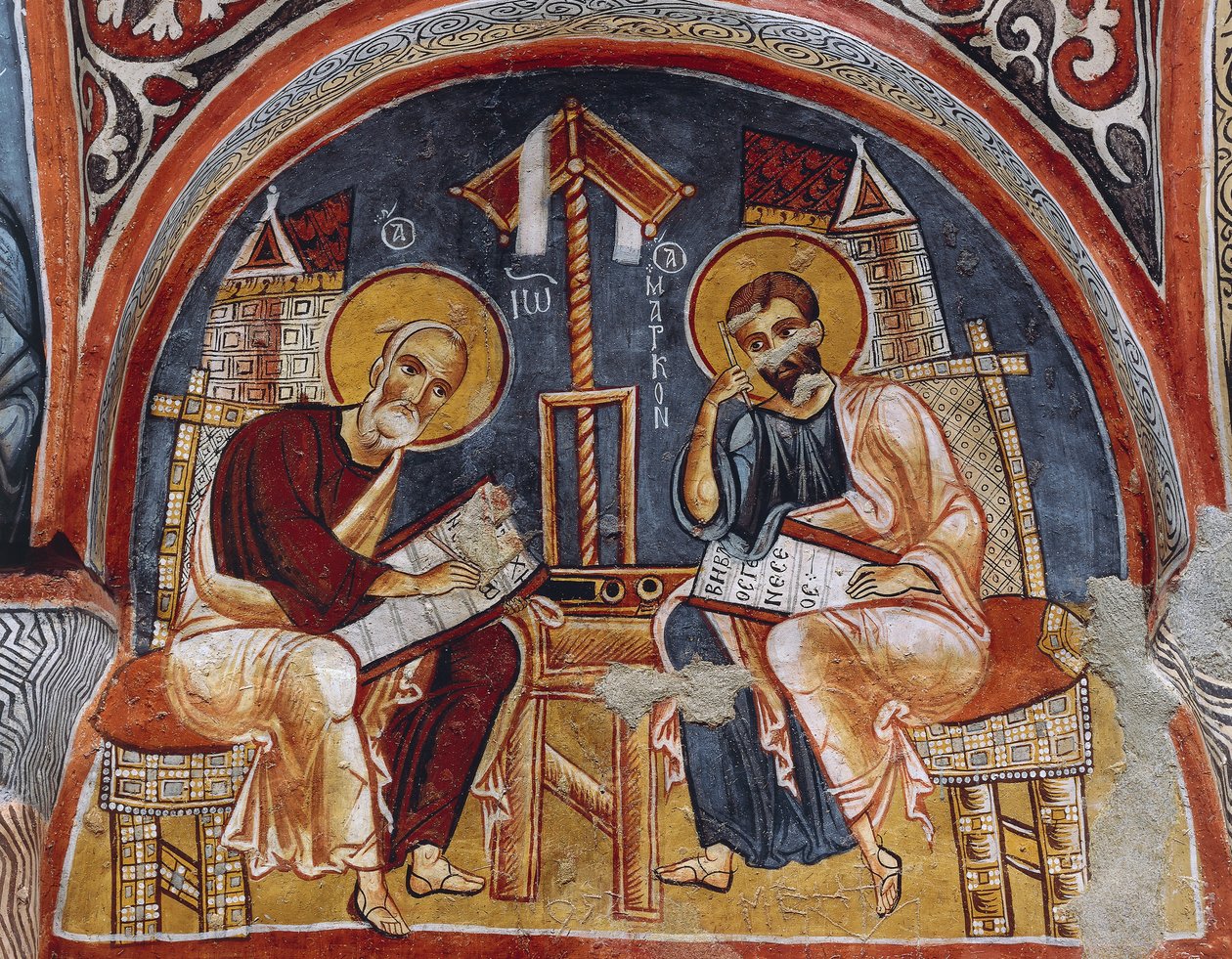 Evangelisten Lukas und Matthäus schreiben Evangelien, Karanlik Kilise (Dunkle Kirche) (12.-13. Jahrhundert), Göreme (Unesco-Welterbeliste) von Byzantine