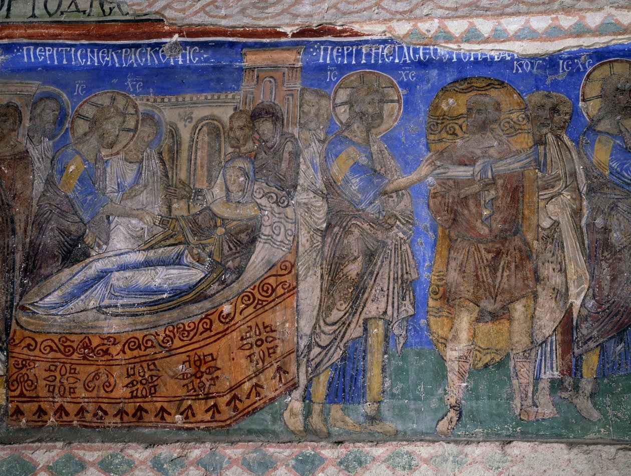 Heilung der Schwiegermutter von Simon Petrus und des Gelähmten, Byzantinisches Fresko (12. Jahrhundert), Tokali Kilise (Schnallenkirche) (12.-13. Jahrhundert), Göreme (UNESCO-Welterbe) von Byzantine