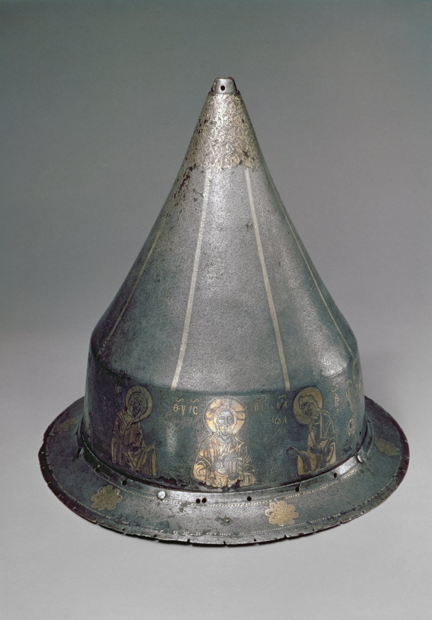 Helm mit der Deesis (Stahl mit Gold- und Silbereinlage) von Byzantine