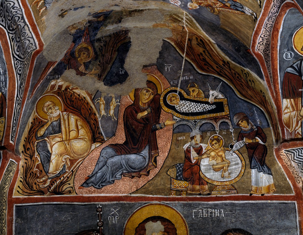 Geburt Christi, Byzantinisches Fresko (12. Jahrhundert), Karanlik Kilise (Dunkle Kirche) (12.-13. Jahrhundert), Göreme (UNESCO-Welterbe) von Byzantine
