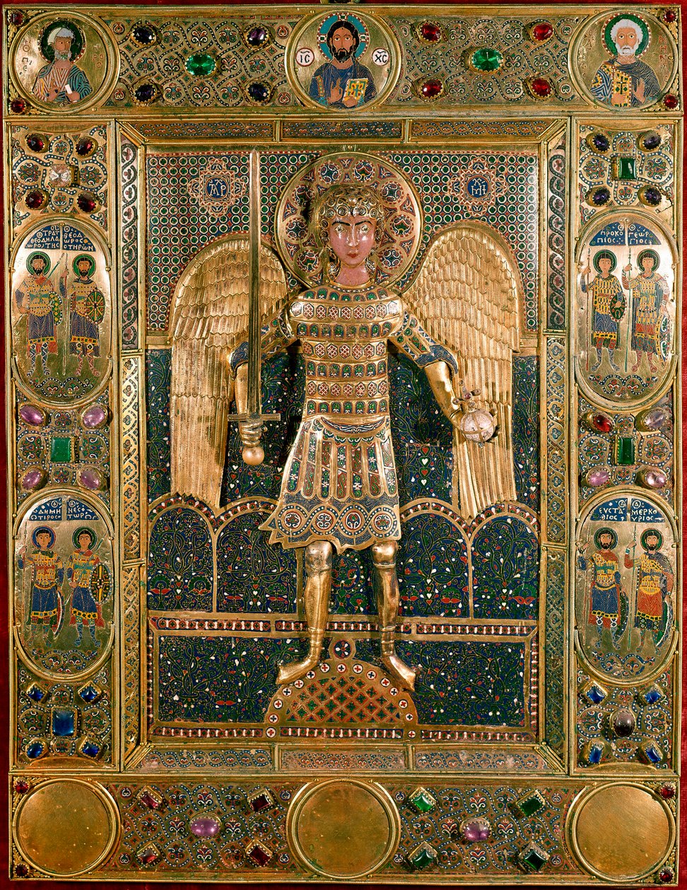 Byzantinische Kunst: Einband des Messbuchs mit Darstellung des Erzengels Michael - Goldblätter und Emaille von Byzantine School