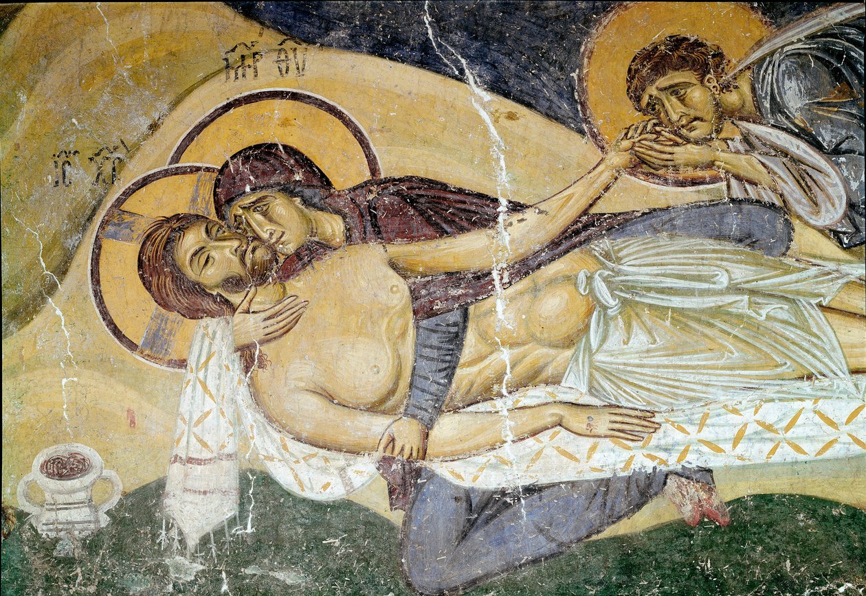 Byzantinische Kunst: „Klage über den Tod Christi“ Fresko des Malers aus dem 12. Jahrhundert. Detail. Nerezi, San Pantaleimone, Mazedonien von Byzantine School