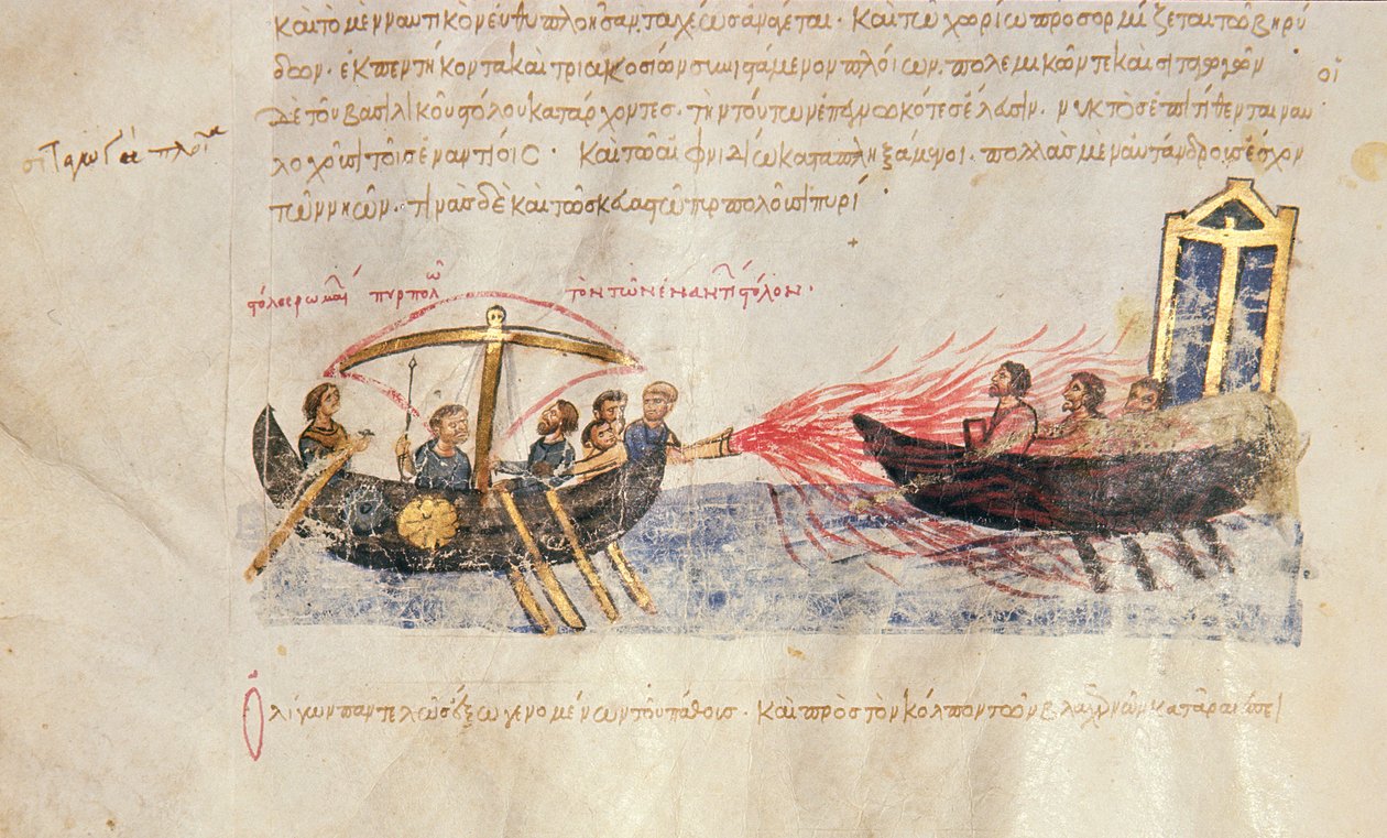 Griechisches Feuer, Fol. 34v aus dem Madrid Skylitzes von Byzantine School
