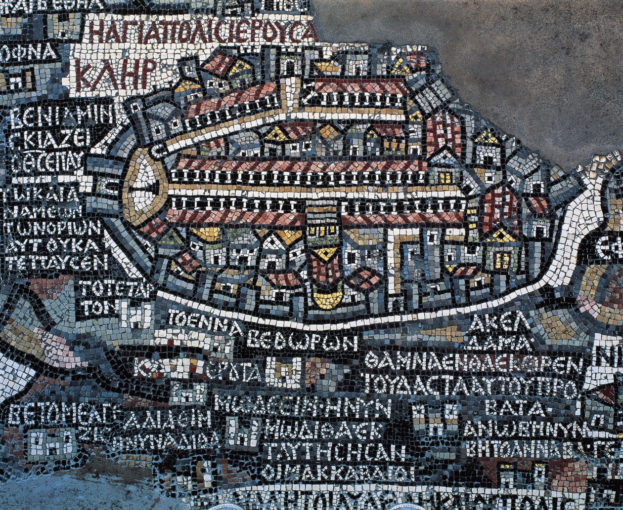 Madaba-Mosaikkarte (Karte des Heiligen Landes), 560, Mosaik in der griechisch-orthodoxen Basilika St. Georg, Madaba, Jordanien, byzantinische Zivilisation, 6. Jahrhundert von Byzantine School