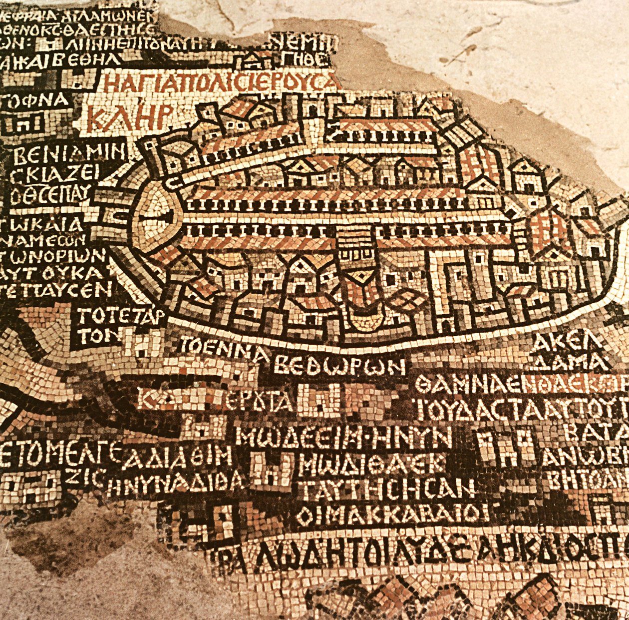 Die Stadt Jerusalem und die umliegende Gegend, Detail aus der Madaba-Mosaikkarte, byzantinisch, 6. Jahrhundert von Byzantine School