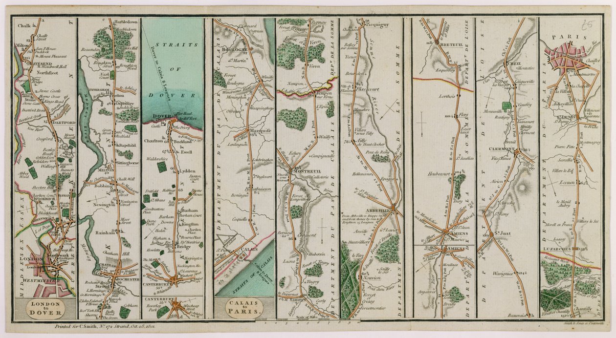 Ein neuer Plan der Straße von London nach Dover und von Calais nach Paris, graviert von Smith und Jones, 1801 von C. A. Smith