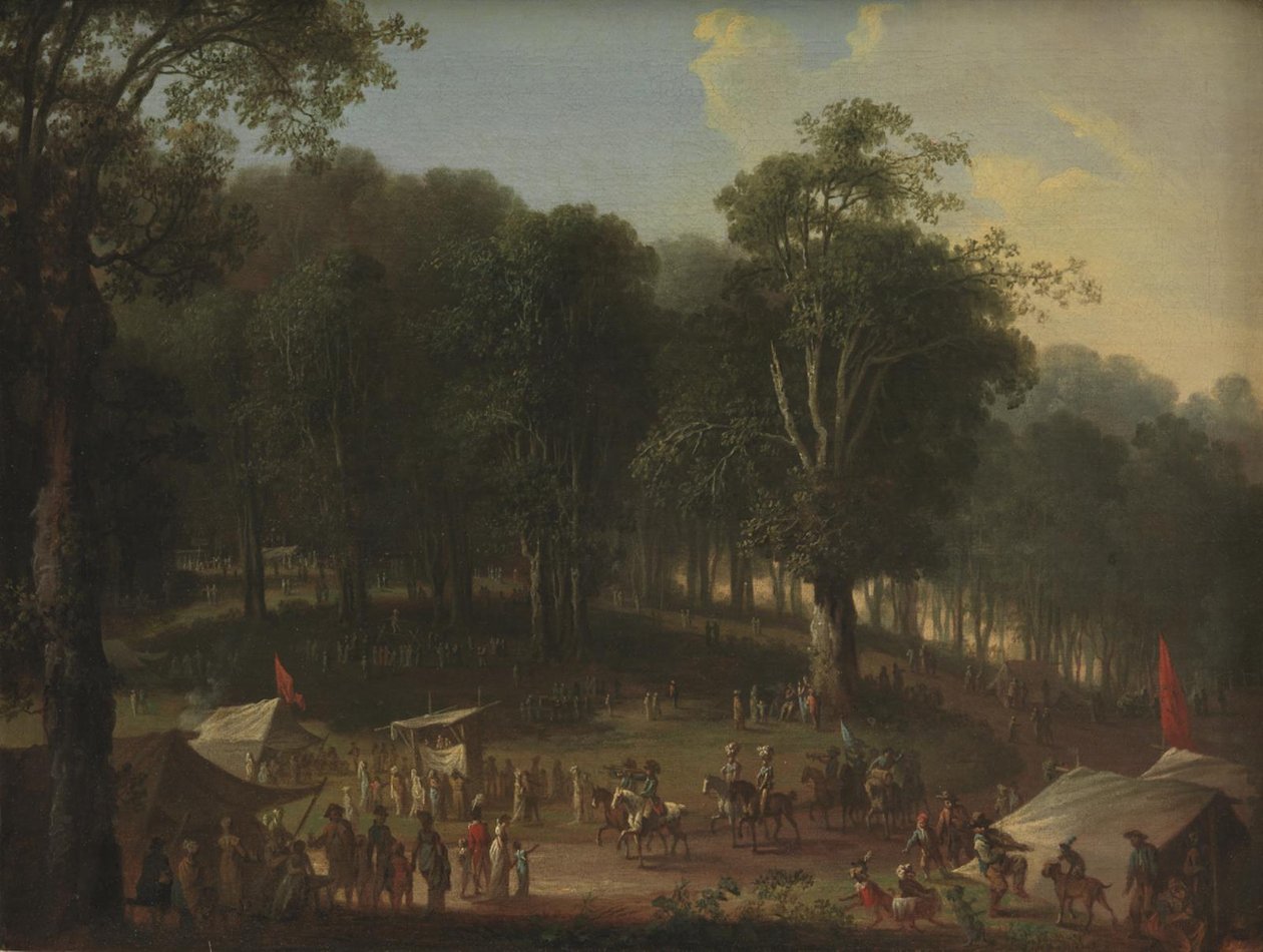 Eine Truppe von Darstellern kommt auf der Messe in Dyrehavsbakken in der Nähe des Hirschparks, nördlich von Kopenhagen, an von C.A. Lorentzen