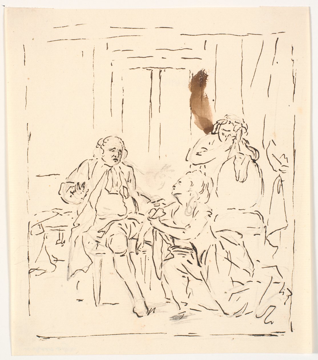 Eine Frau kniet vor einem sitzenden Mann. Im Hintergrund eine weinende Frau, die sich an einen Stuhl lehnt. Theaterszene? von C.A. Lorentzen