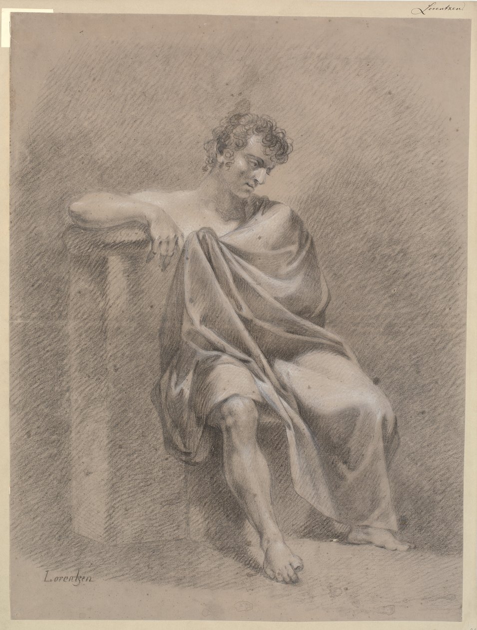 Sitzendes Modell in Draperie. Sitzend auf niedriger Plinthe und ruhend mit dem rechten Arm auf hoher Plinthe von C.A. Lorentzen