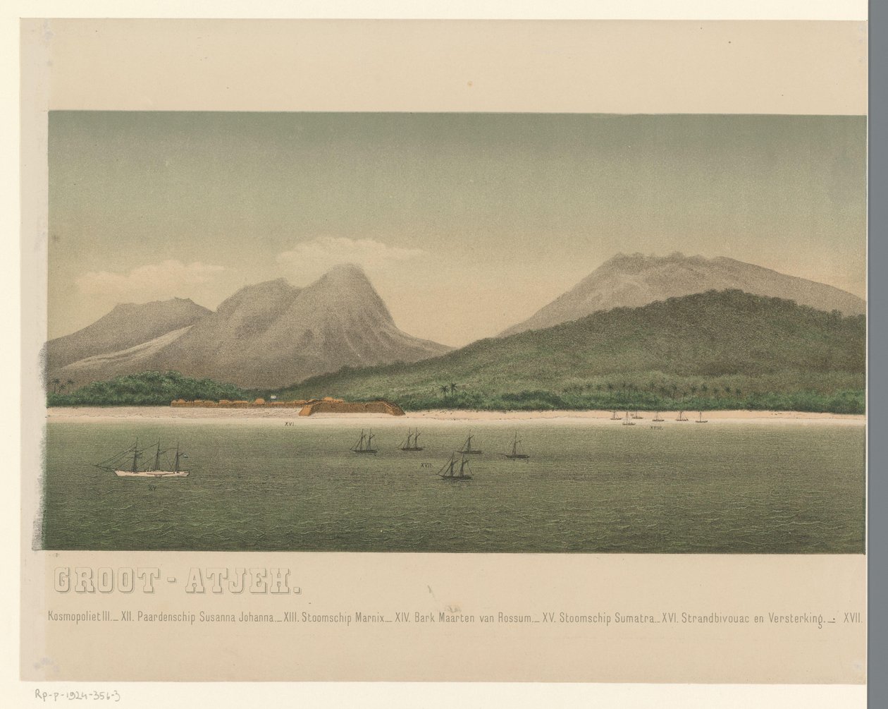 Ansicht der Küste von Groß-Atjeh, mit der Flotte der Ersten Atjeh-Expedition vor der Küste von C.A. Whitten