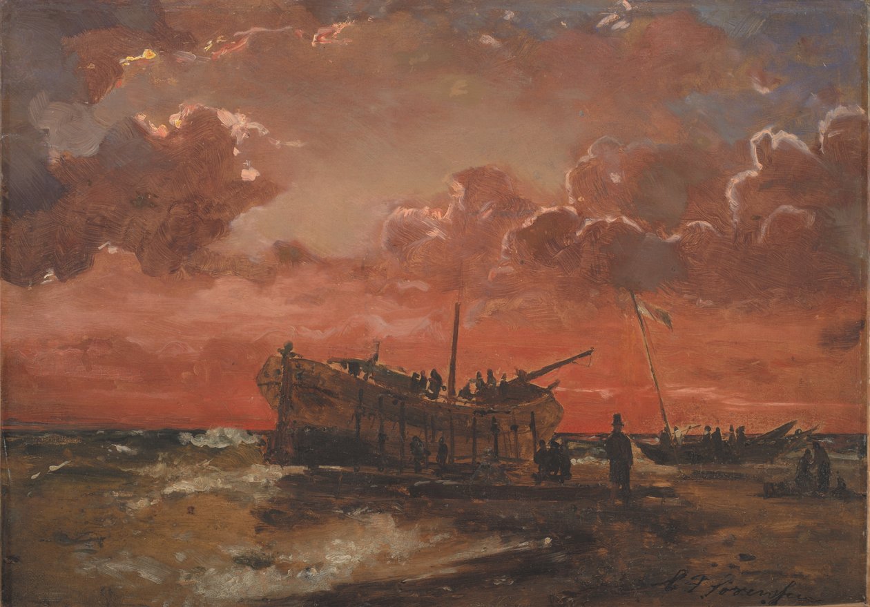 Ein Wrack an der Westküste Jütlands bei Sonnenuntergang von C.F. Sørensen
