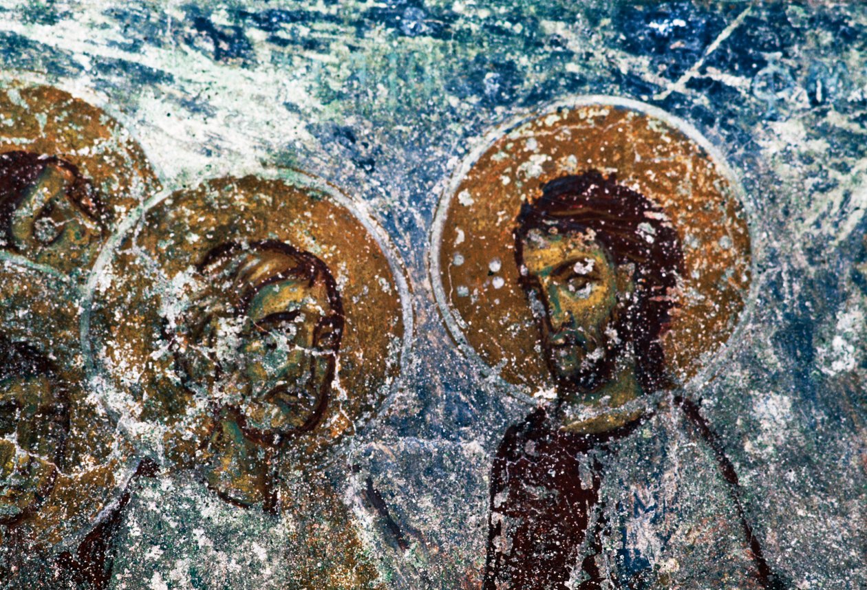 Figuren von Heiligen, Fresko in der Kirche Taxiarhon, Alt-Pyli, Kos Insel, Griechenland (Foto) von J.B. and Brown J. Rowbotham