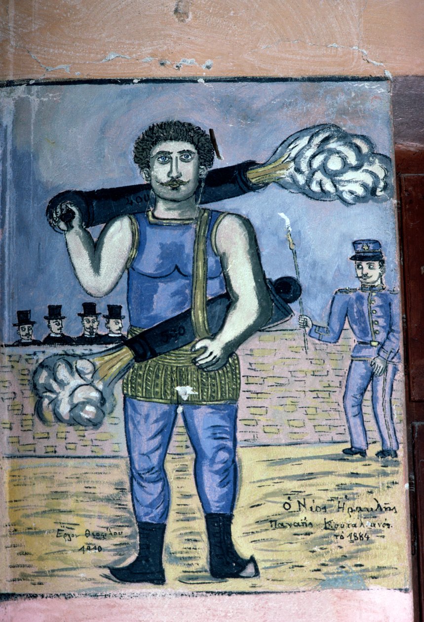 Panais Koutalianos (1847-1916), Kraftmensch mit Gewehren, Gemälde inspiriert von der griechischen Volkskultur, von Theophilos Hatzimihail (1870-1934), Griechenland (Foto) von J.B. and Brown J. Rowbotham