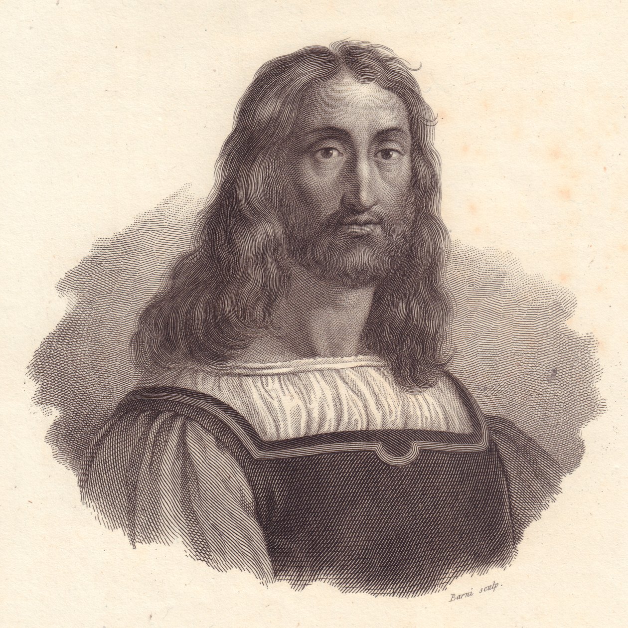 Porträt des italienischen Kupferstechers Marcantonio Raimondi (1480-1534), Kupferstich von Barni nach einem Gemälde von Raffaello Sanzio von J.B. and Brown J. Rowbotham