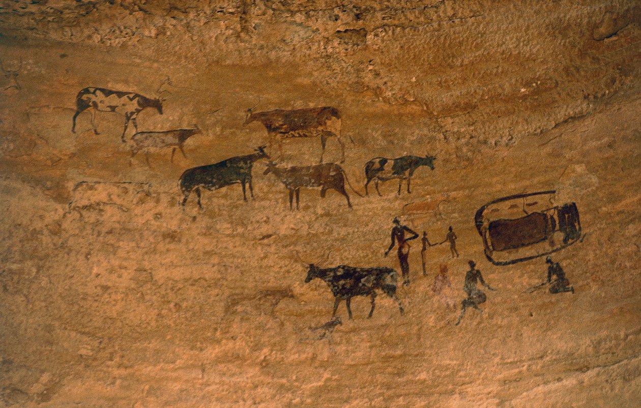 Szene des täglichen Lebens mit Vieh, Felskunst, Tassili n