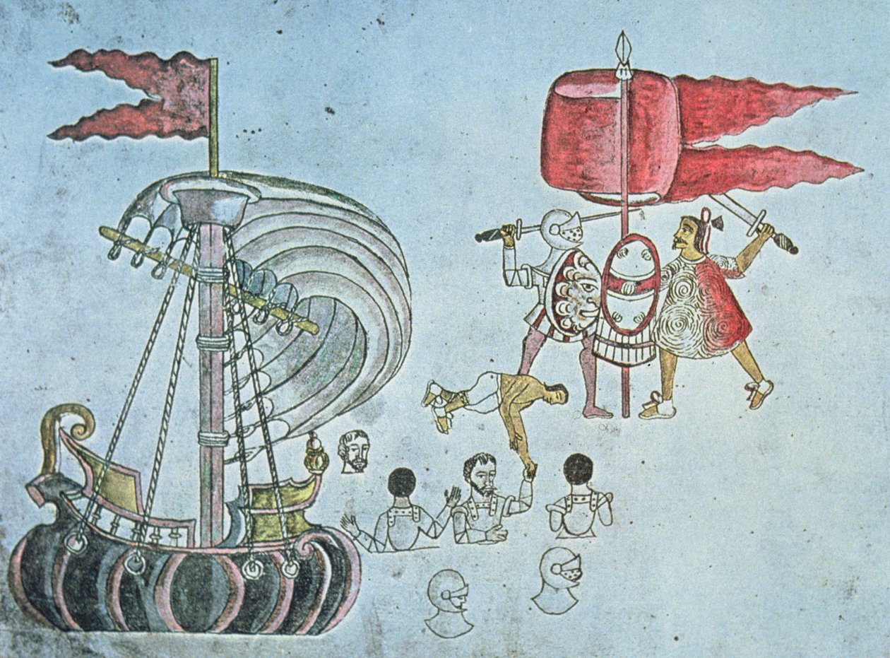 Spanische Soldaten von Hernan Cortes waten 1519 an Land, um gegen die Azteken zu kämpfen, kopiert aus dem Codex Azcatitlan, ca. 1550 von J.B. and Brown J. Rowbotham