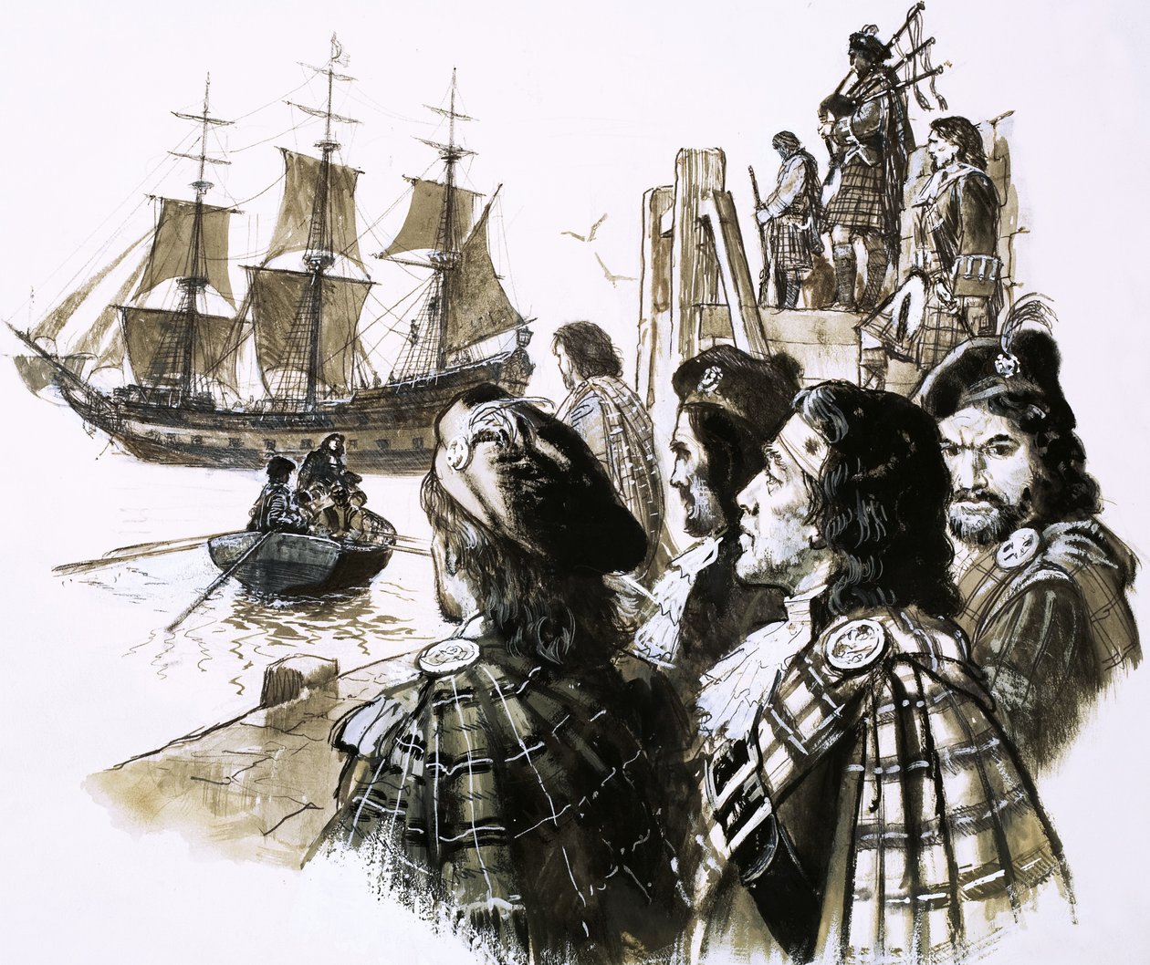 James II. kehrt nach Frankreich zurück nach der Niederlage seiner Anhänger in der Schlacht von Sherrifmuir von C.L. Doughty
