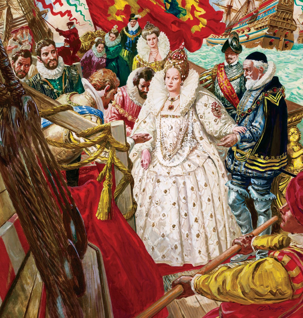 Königin Elisabeth I. (1530-1603) steigt aus, unterstützt von Sir Walter Raleigh (1554-1618) von C.L. Doughty