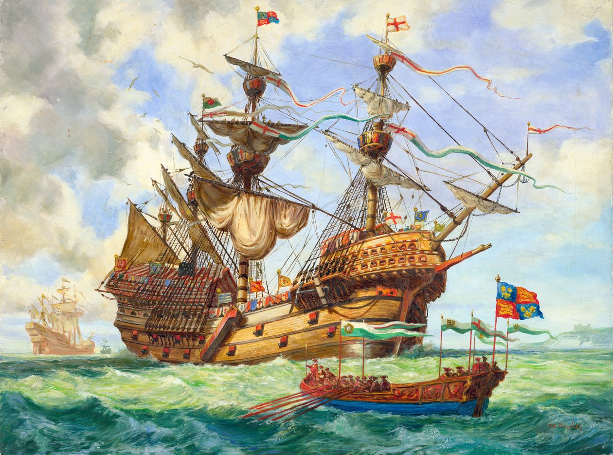 Die Great Harry, Flaggschiff von König Heinrichs Flotte, mit vielen ihrer 251 Kanonen von C.L. Doughty