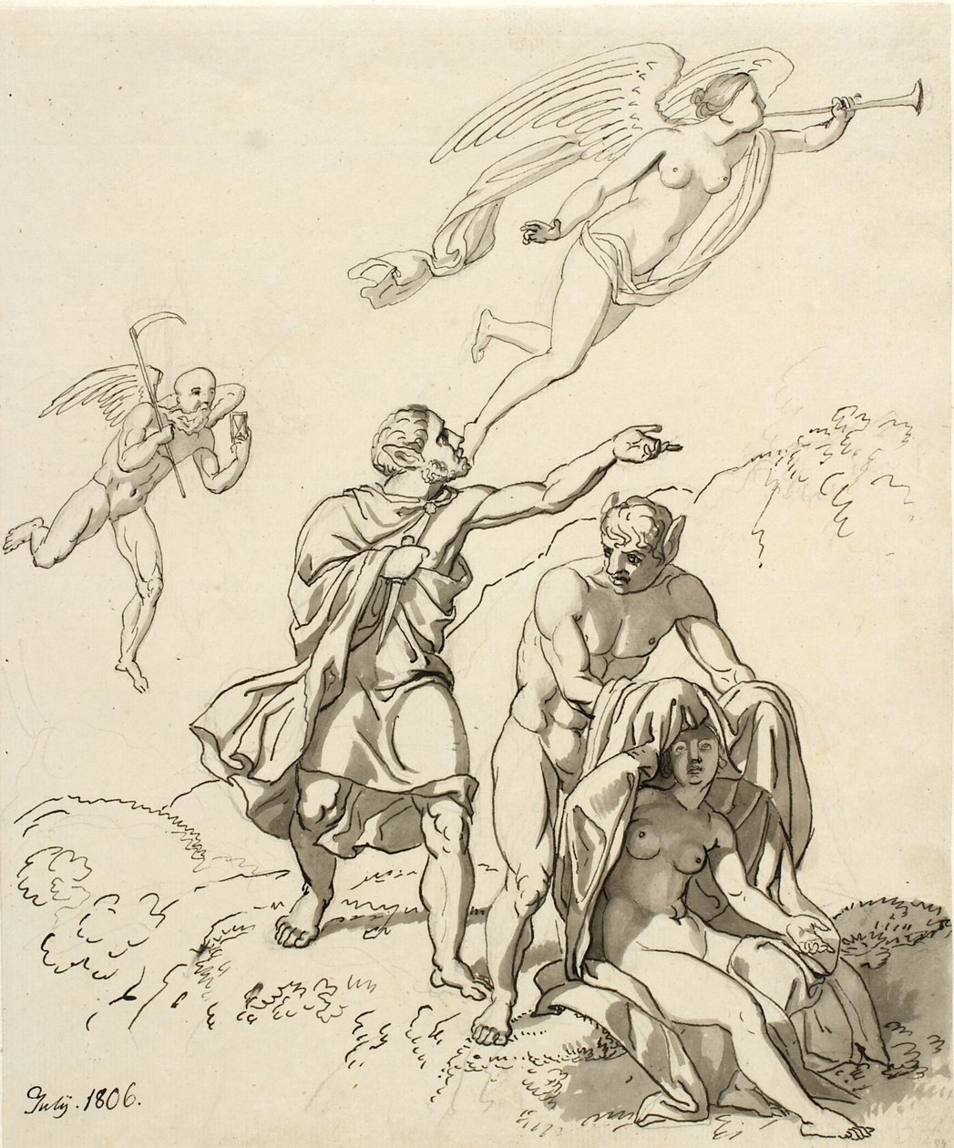 Allegorische Komposition; ein paar junge Männer mit Eselsohren und eine sitzende nackte Frau, im Hintergrund die Zeit und Fauna schwebend von Christoffer Wilhelm Eckersberg