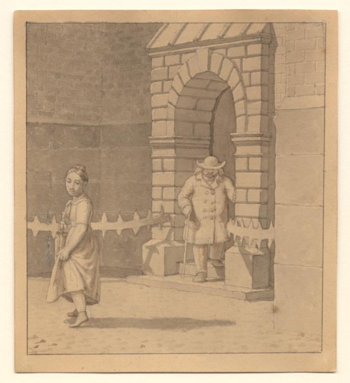 Straßenszene mit einem jungen Mädchen, das ihr Kleid ein wenig hebt; im Hintergrund ein älterer Mann mit einem Stock von Christoffer Wilhelm Eckersberg