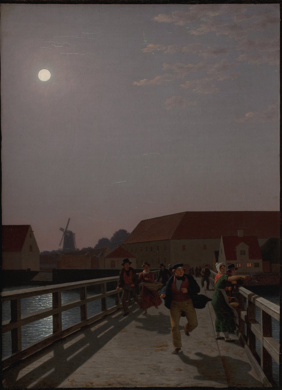 Langebro, Kopenhagen, im Mondlicht mit laufenden Figuren von Christoffer Wilhelm Eckersberg