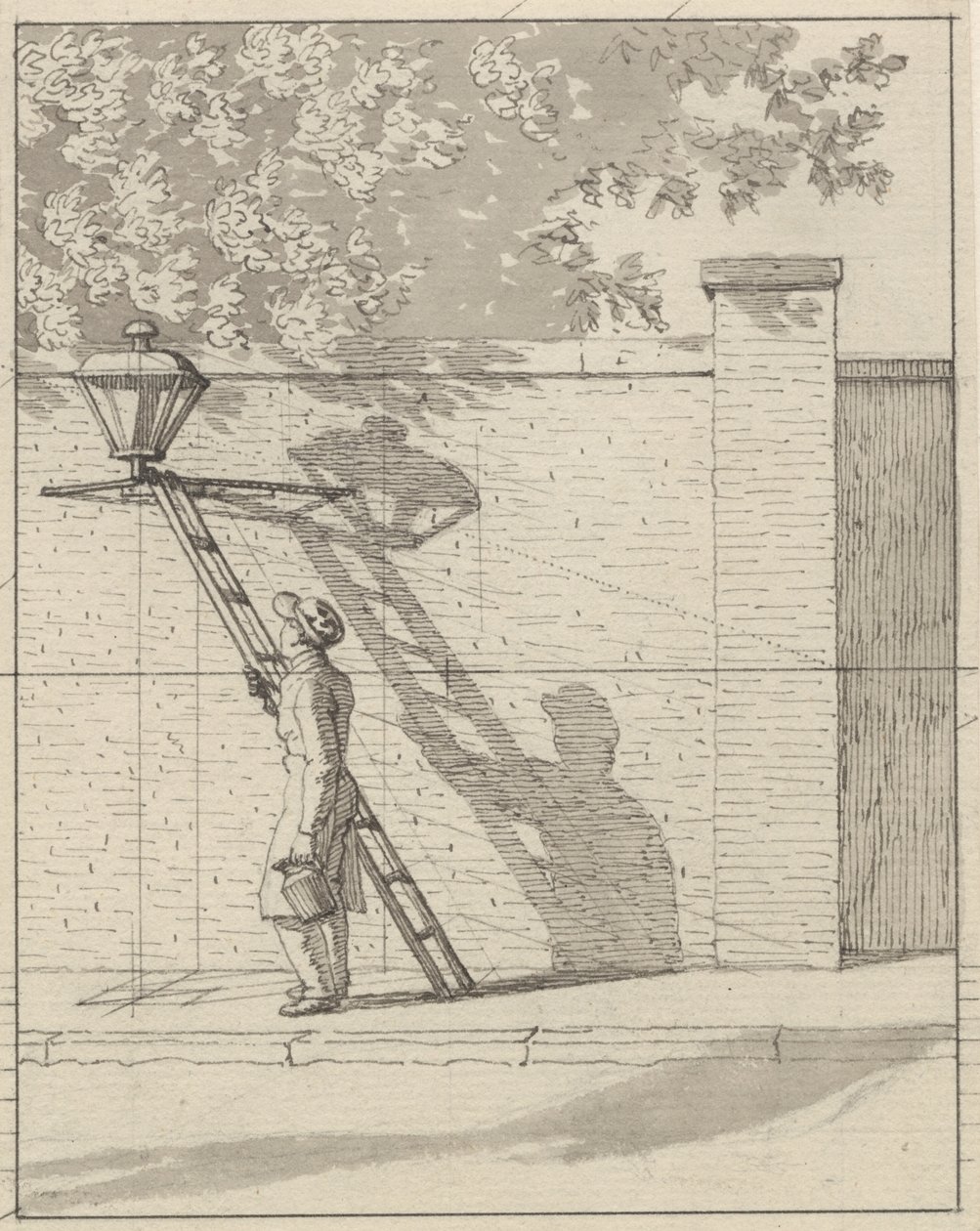 Linearperspektive in der Malerei angewendet - Tafel VI. Die Straßenlaterne an der Gartenmauer, Tageslicht von Christoffer Wilhelm Eckersberg