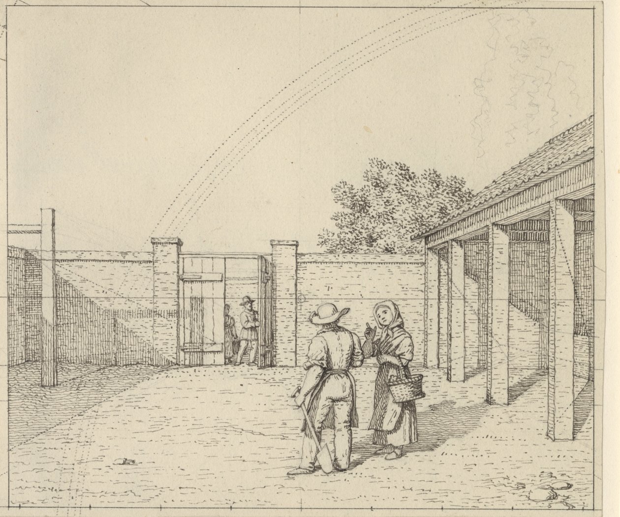 Linearperspektiven angewendet auf die Malerei - Entwurf für nicht verwendete Version von Tafel V,2 - Regenbogen über dem Hofraum von Christoffer Wilhelm Eckersberg