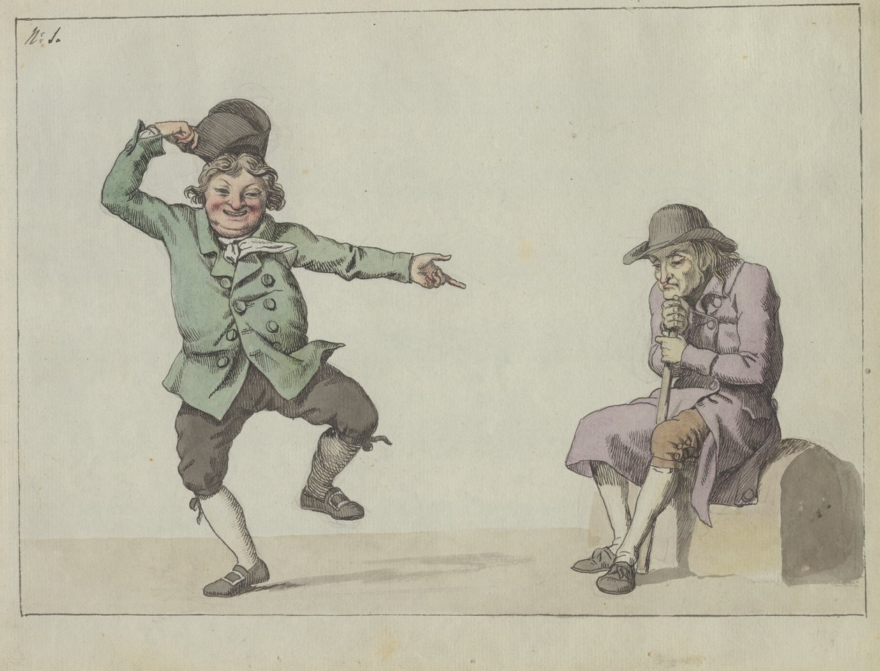 Satirisches Blatt; ein Mann springt und lacht, während er auf einen sitzenden alten Mann zeigt von Christoffer Wilhelm Eckersberg
