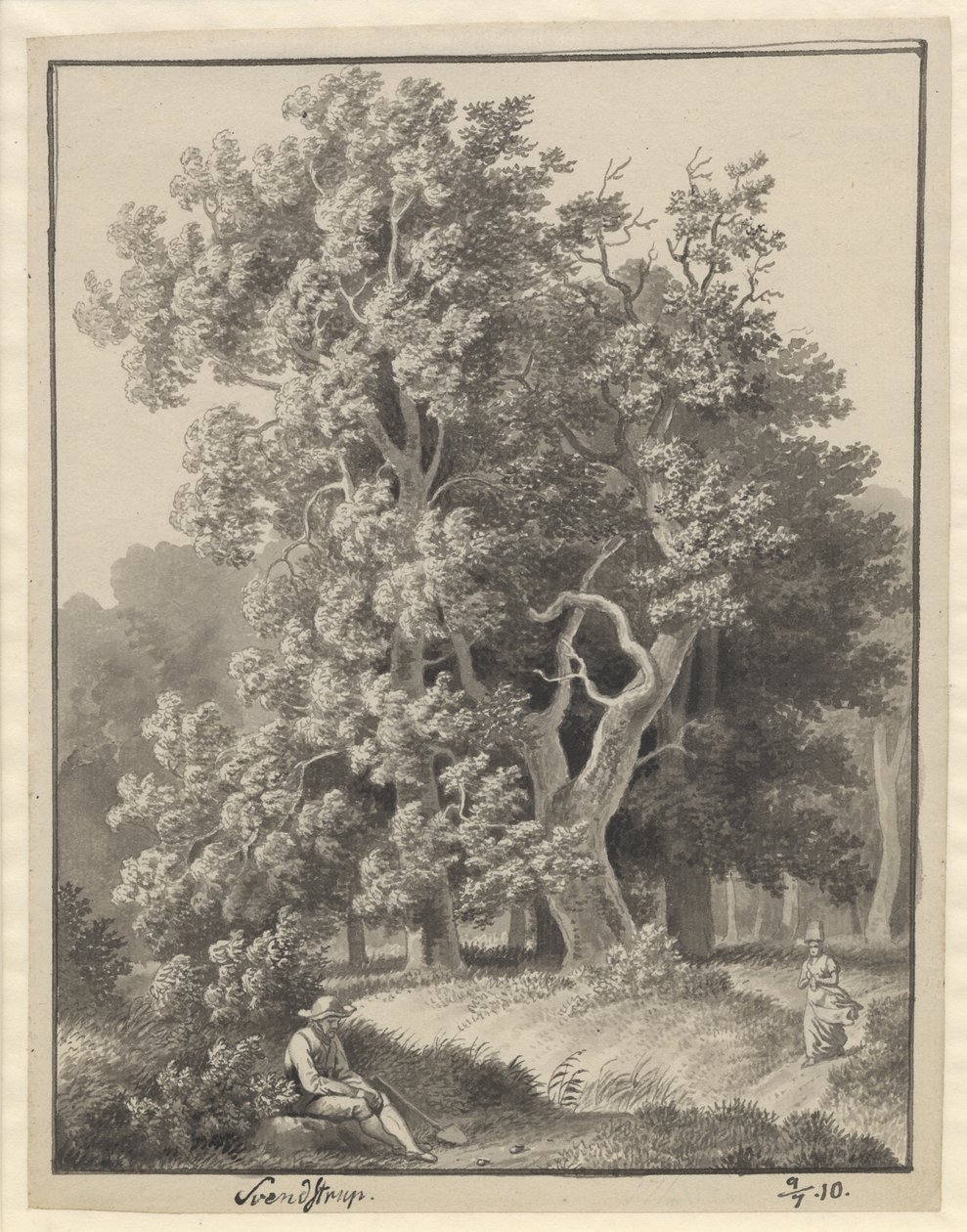 Waldpartie bei Svendstrup mit ein paar Figuren, vorne ein sitzender Mann mit einer Spaten von Christoffer Wilhelm Eckersberg
