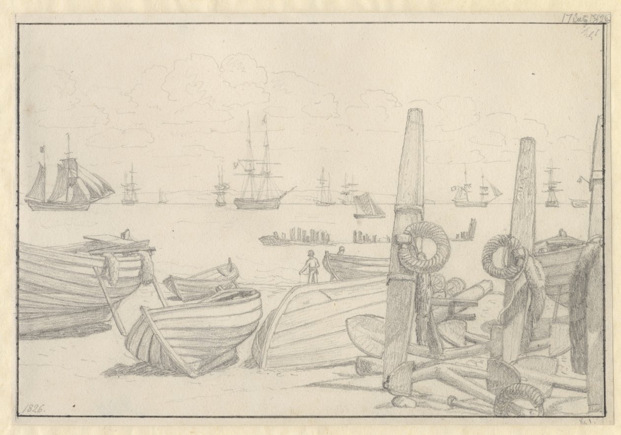 Aussicht vom Strand südlich von Helsingør auf das Wachschiff, die Brigg "Falster" von Christoffer Wilhelm Eckersberg