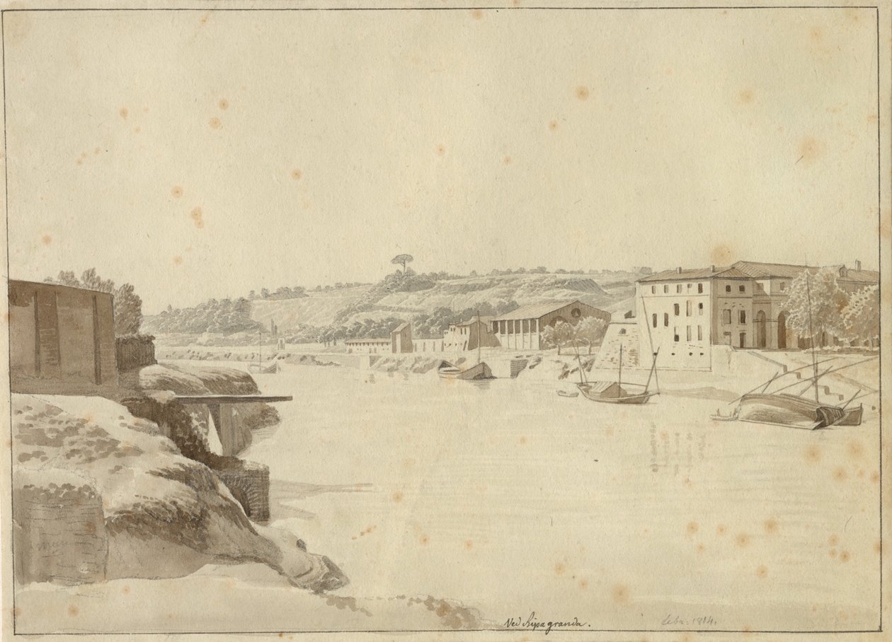 Blick über den Tiber in Richtung Porto di Ripa Grande und Porta Portese, gesehen vom Ufer unterhalb des Monte Aventino, Rom von Christoffer Wilhelm Eckersberg