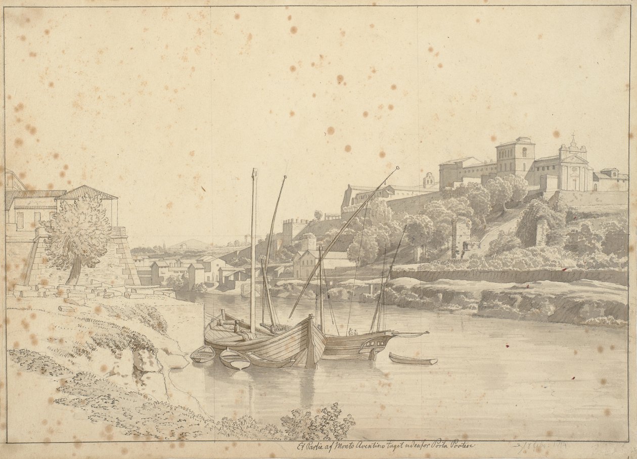 Blick über den Tiber bei Porto di Ripa Grande außerhalb von Porta Portese in Richtung Marmorata und den Kirchen auf dem Monte Aventino, Rom von Christoffer Wilhelm Eckersberg