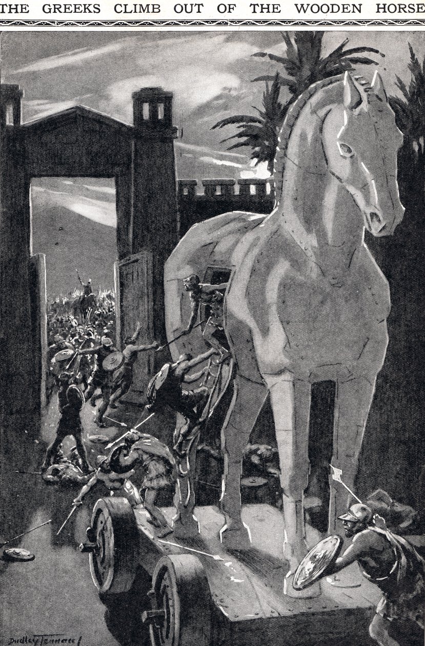 Die Griechen klettern aus dem hölzernen Pferd, Illustration aus 
