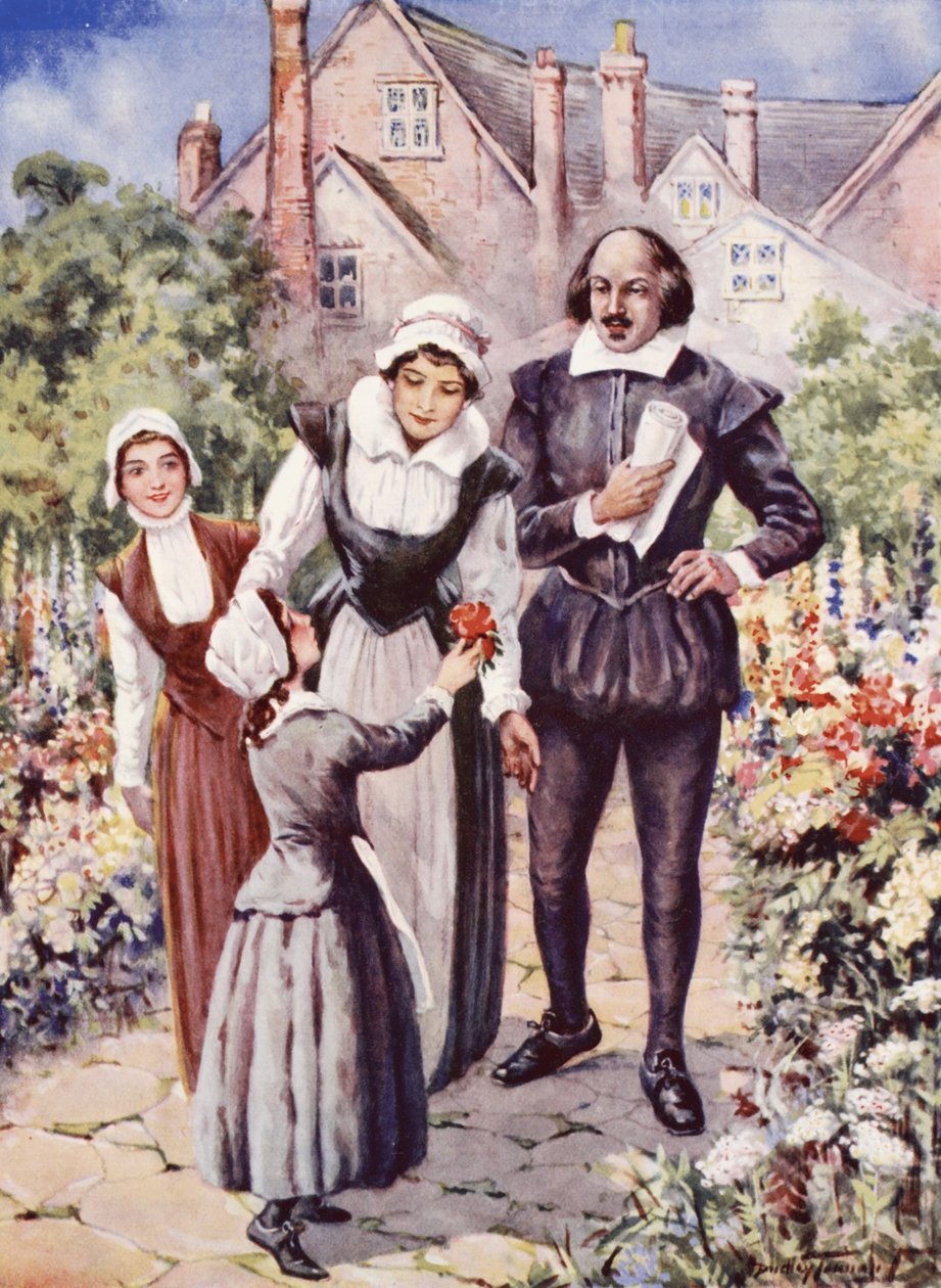 William Shakespeare mit seiner Frau und zwei Töchtern im Garten von New Place, Stratford-upon-Avon von C. Dudley Tennant
