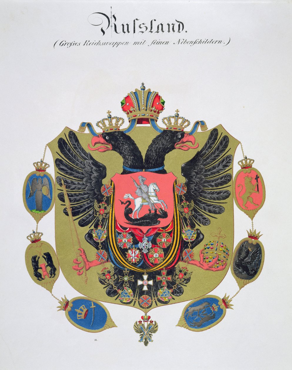 Waffen und Schild des Staates des kaiserlichen Russlands, aus einer Sammlung von Aquarellen, veröffentlicht in Deutschland, ca. 1830-33 von C. Hildebrandt