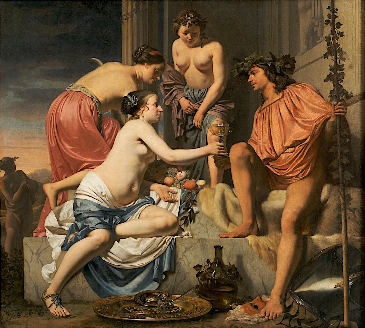 Bacchus auf einem Thron − Nymphen bieten Bacchus Wein und Früchte an von Cesar Boetius van Everdingen