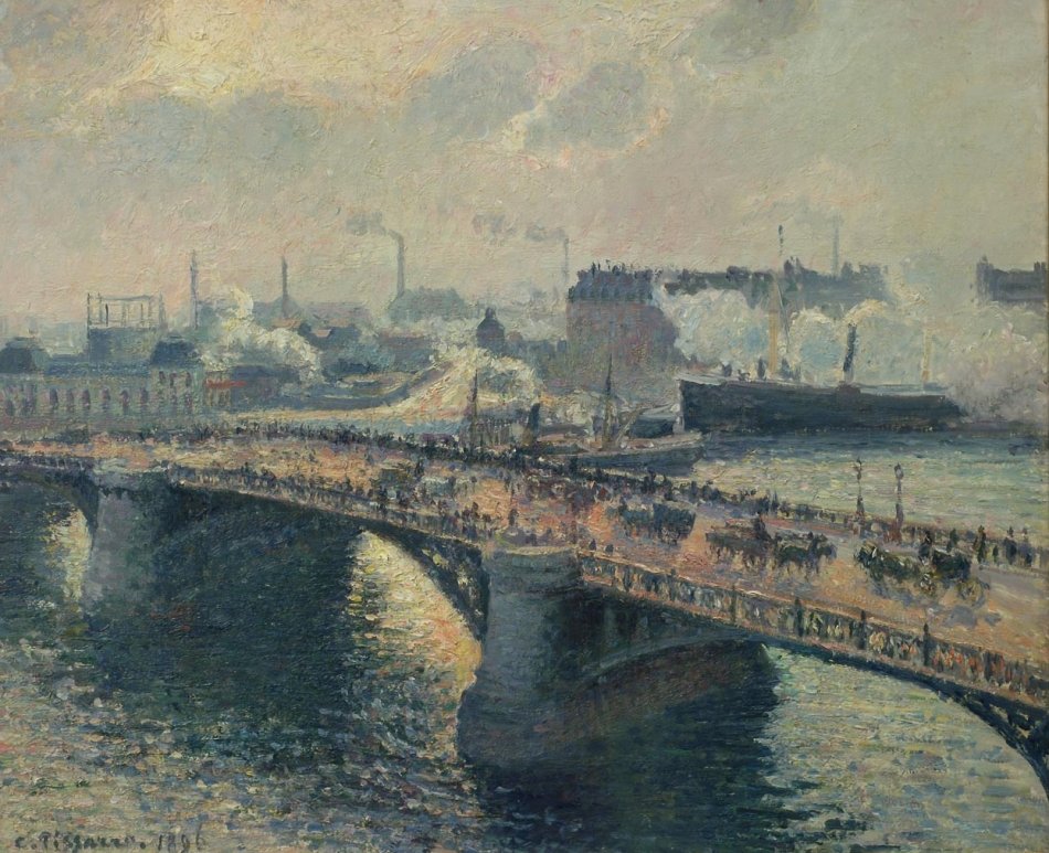 Die Pont Boieldieu in Rouen, Sonnenuntergang, nebliges Wetter von Camille Jacob Pissarro