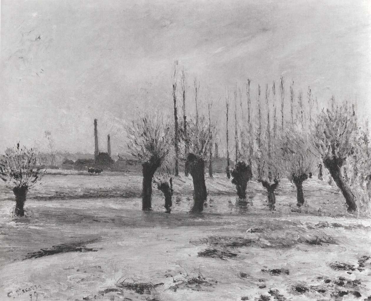 Ufer der Oise bei Pontoise, Schneeeffekt von Camille Jacob Pissarro