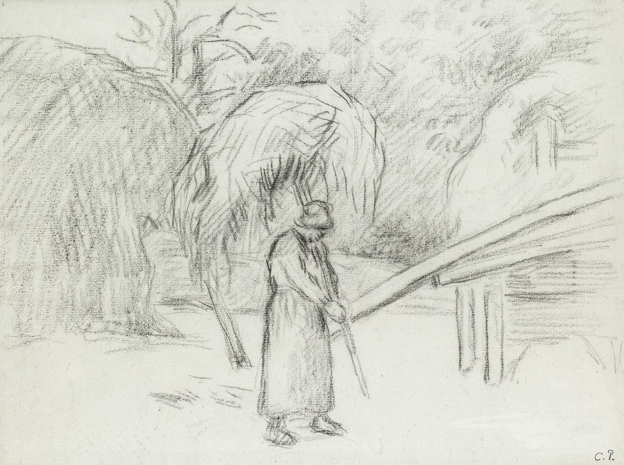 Studie einer Bäuerin, die eine Heuladung im Hof von Foucault trägt, ca. 1875 von Camille Jacob Pissarro