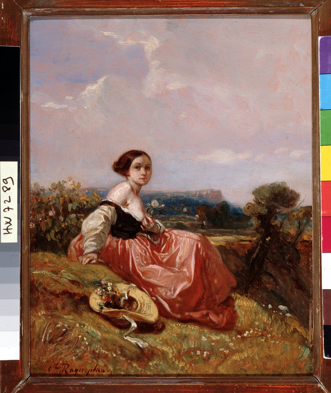 Junges Mädchen mit Hut vor dem Berg Sainte-Victoire von Camille Joseph Etienne Roqueplan