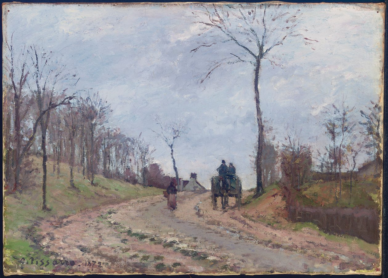 Kutsche auf einer Landstraße im Winter, Vororte von Louveciennes von Camille Jacob Pissarro