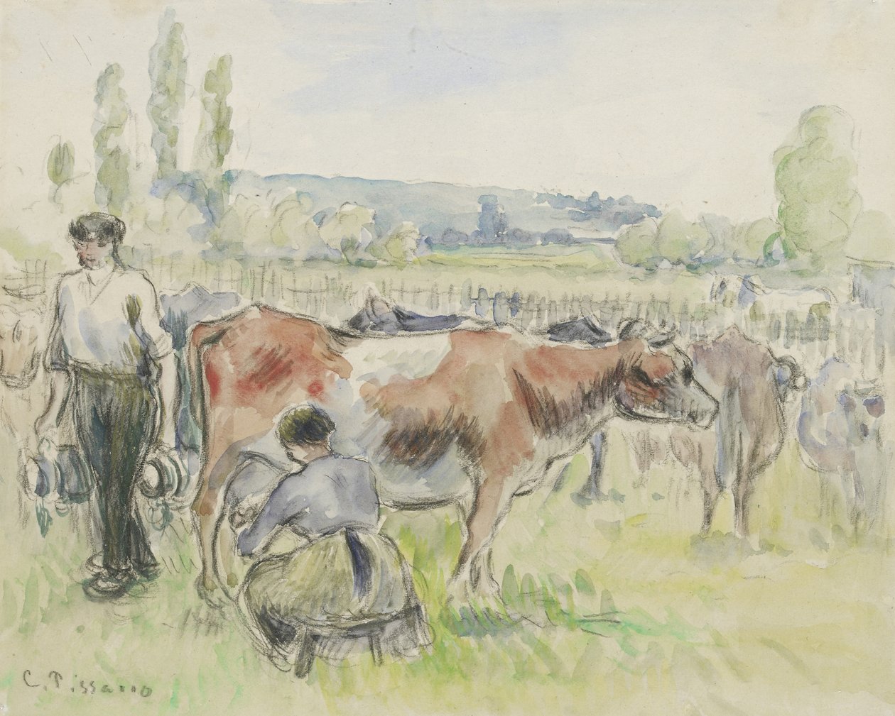 Kompositionsstudie einer Melkszene in Eragny-sur-Epte, 1884 von Camille Jacob Pissarro