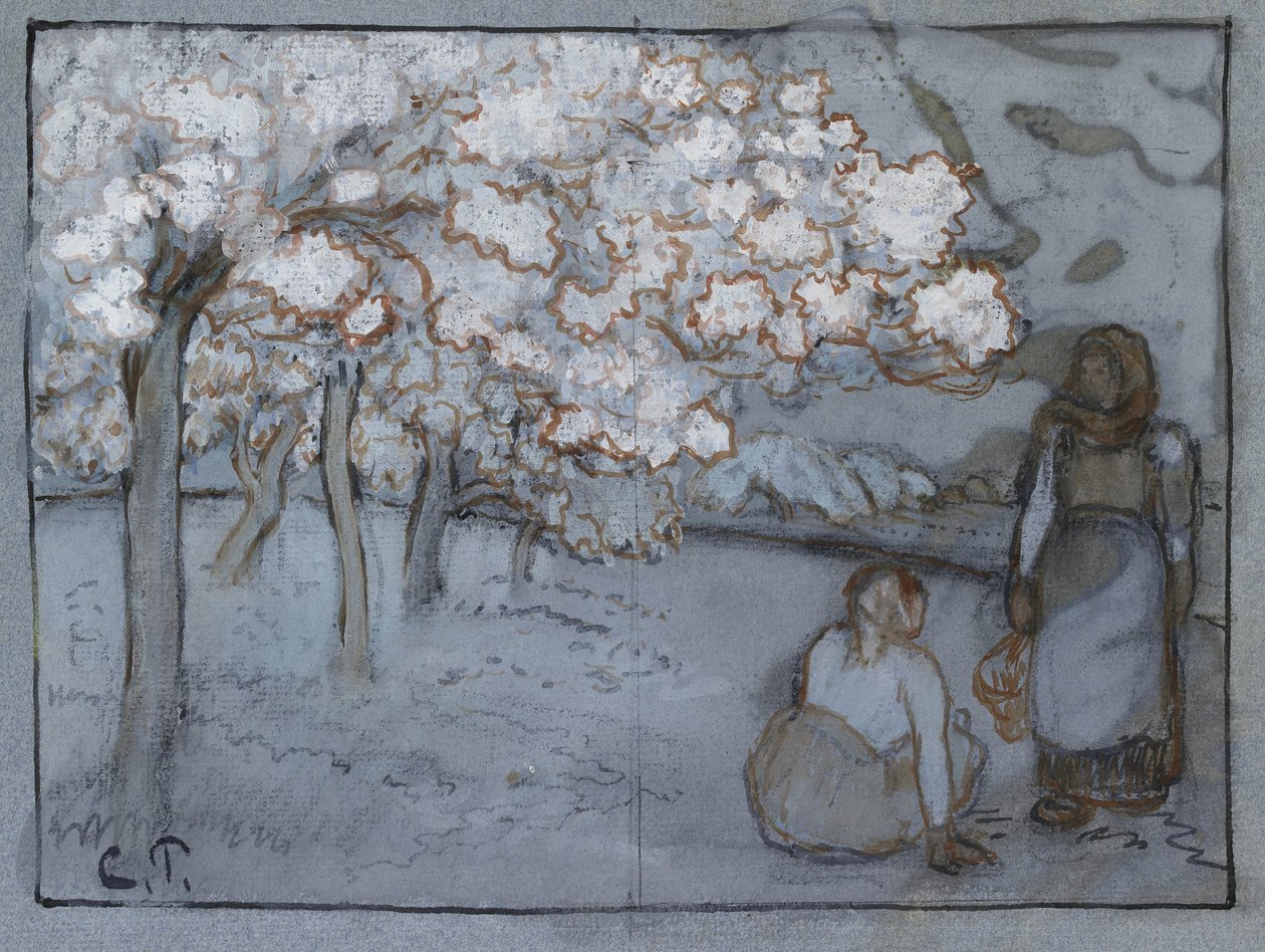 Kompositionsstudie von zwei weiblichen Bauern, die sich in einem Obstgarten unterhalten, ca. 1894 von Camille Jacob Pissarro