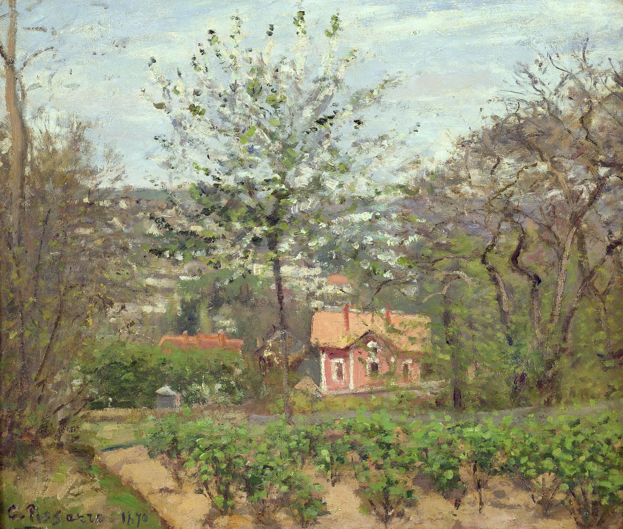 Das Cottage oder das Rosa Haus - Hamlet des Fliegenden Herzens, 1870 von Camille Jacob Pissarro