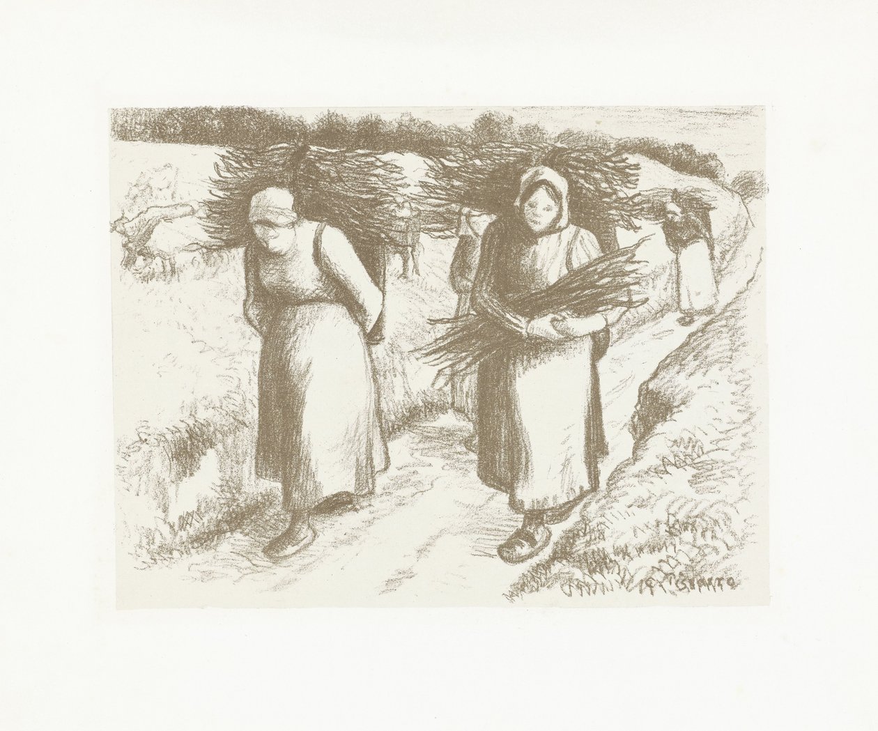 Frauen tragen Reisigbündel von Camille Jacob Pissarro