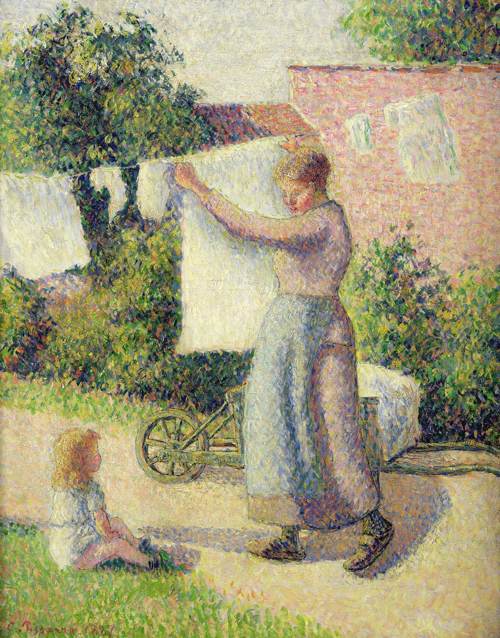 Frau hängt die Wäsche auf, 1887 von Camille Jacob Pissarro