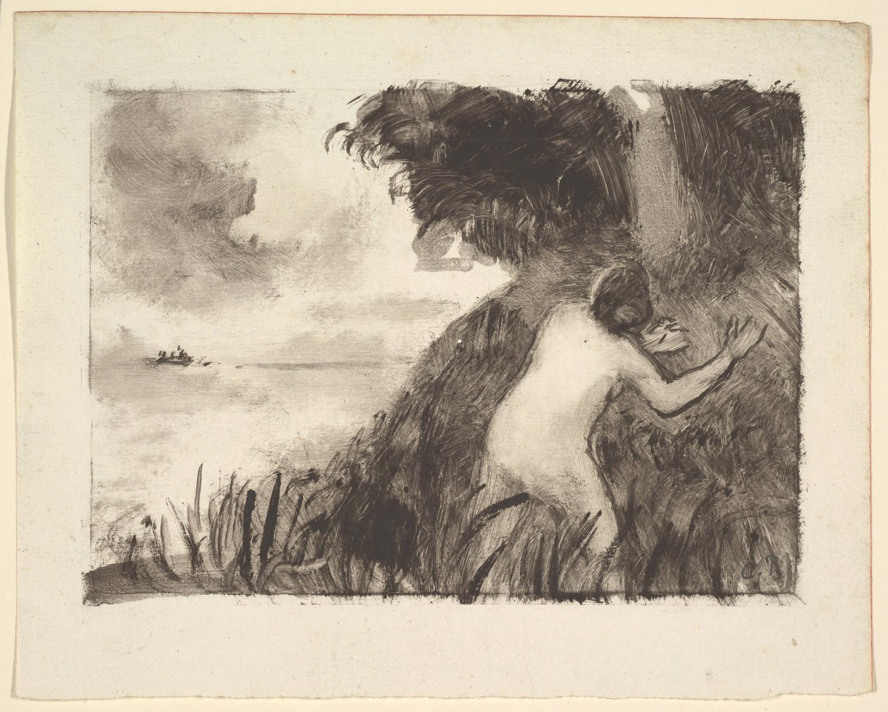Badende steht im Gras am Ufer von Camille Jacob Pissarro